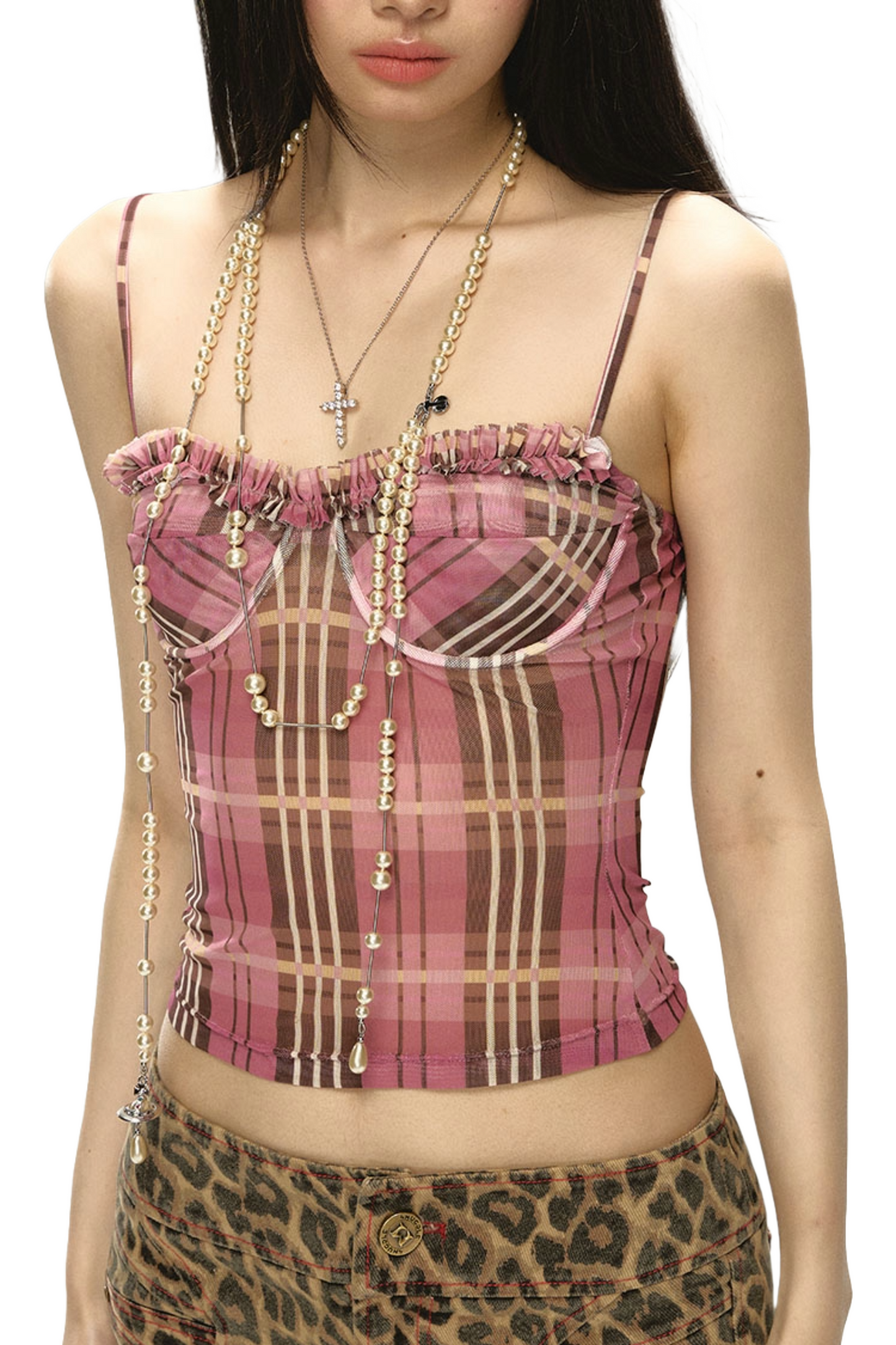 4muggle Plaid Mesh Slim Fit Camisole Top